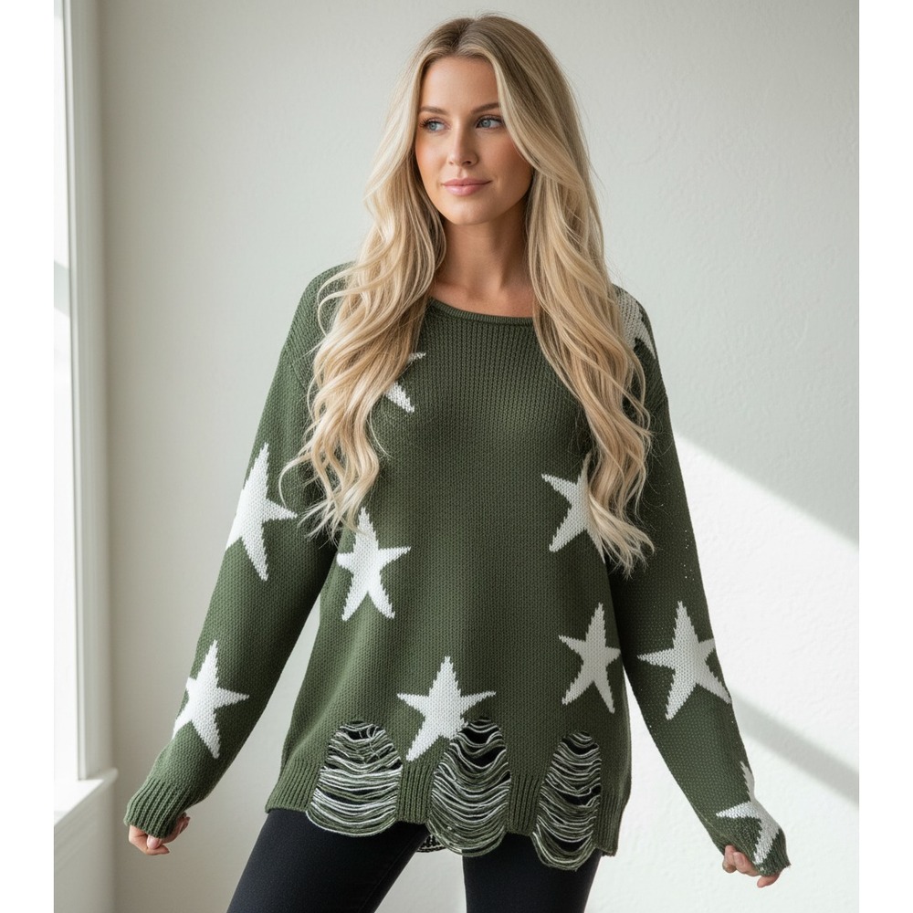 Zenana M Sweater Green Star Distressed Frayed Oversized Slouchy Boho Celestial